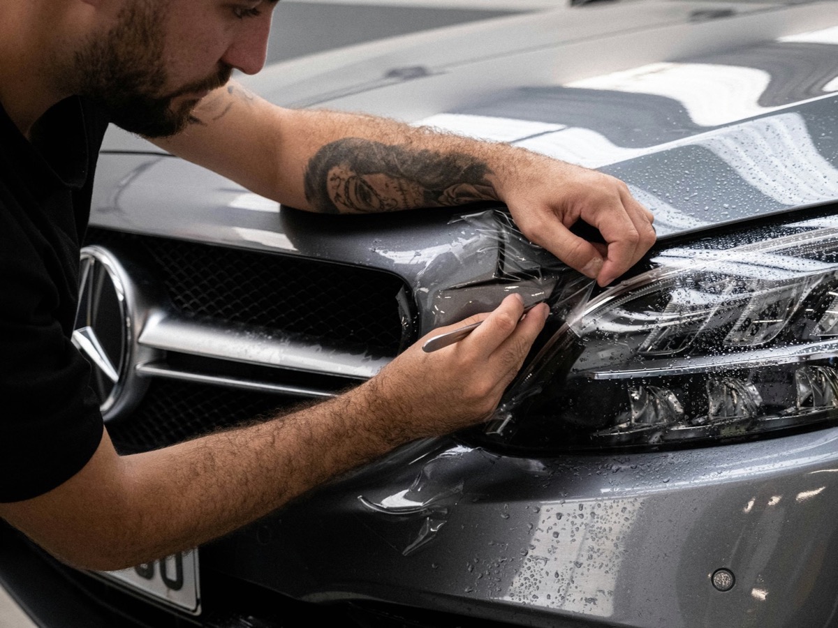 Mobile auto detailer polishing the hood of a car on-site