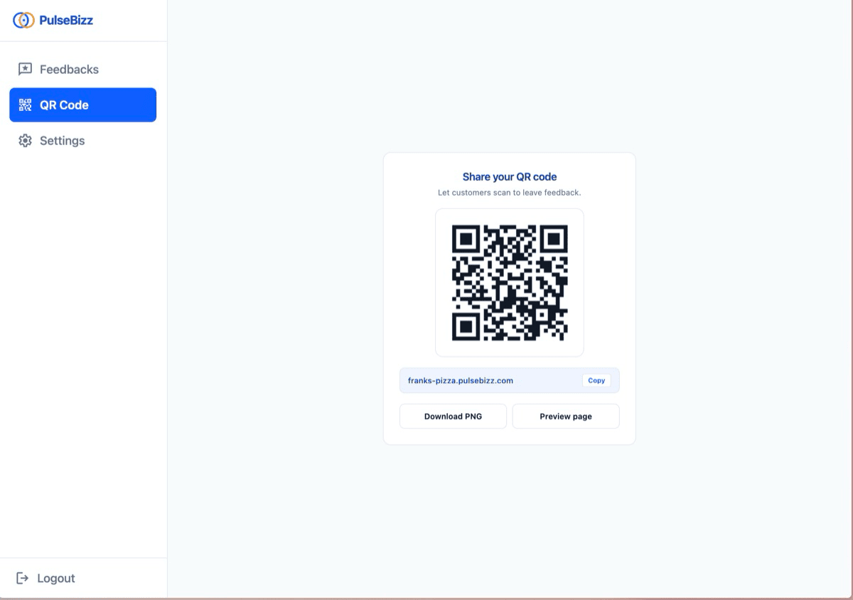 PulseBizz QR code generation page in the dashboard