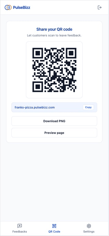 PulseBizz QR code generation page in the dashboard