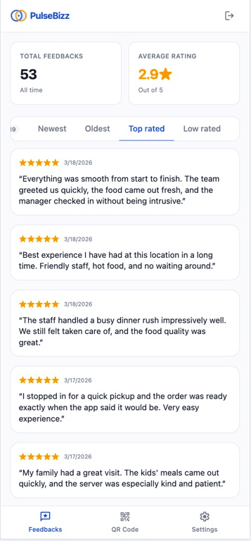 PulseBizz top rated customer feedback on a tablet