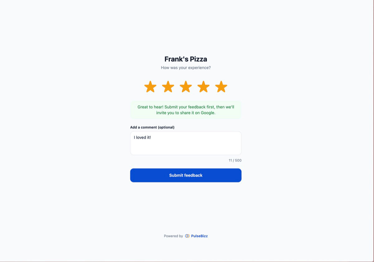 PulseBizz 5-star customer feedback form with rating selection