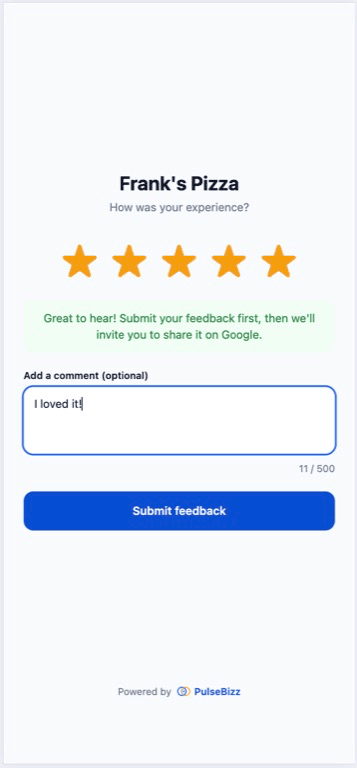 PulseBizz 5-star customer feedback form with rating selection