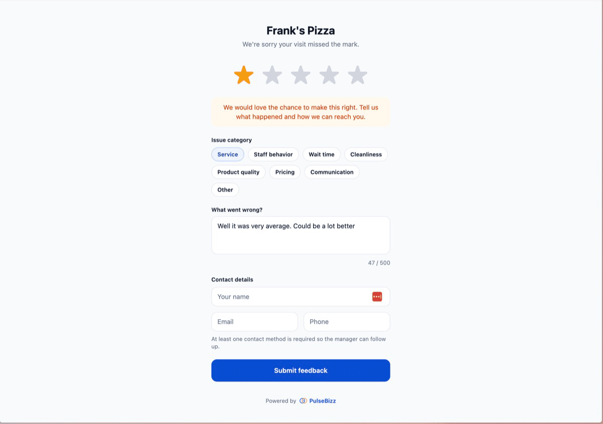 PulseBizz customer recovery flow showing low-rating feedback details