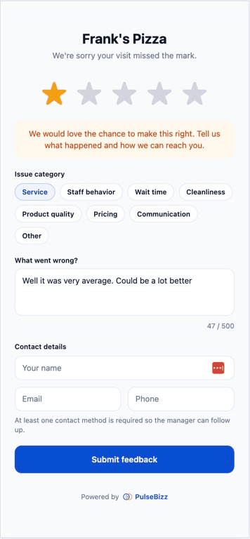 PulseBizz customer recovery flow showing low-rating feedback details