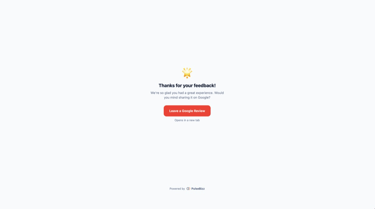 PulseBizz Google review redirect prompt for happy customers