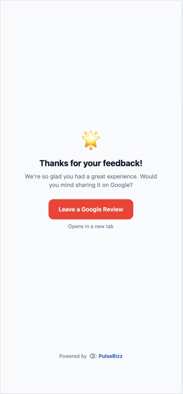 PulseBizz Google review redirect prompt for happy customers
